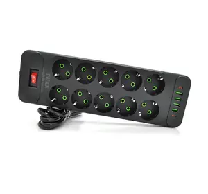 Мережевий фільтр F35U, 10 розеток EU + 4 USB + 2 PD, кнопка включення з індикатором, 2 м, 3х0,75 мм, 2500W, Black, Box