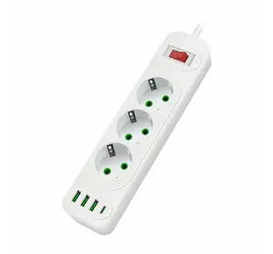 Мережевий фільтр F23U, 3 розетки EU+3 USB+PD, кнопка включення з індикатором, 2 м, 3х0,75мм, 2500W, White, Box
