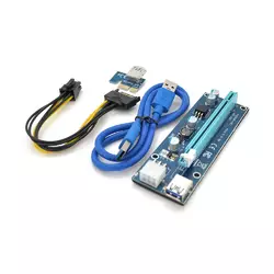 Riser PCI-EX, x1=>x16, 6-pin, SATA=>6Pin, USB 3.0 AM-AM 0,6 м (синій), конденсатори FP5K, Пакет