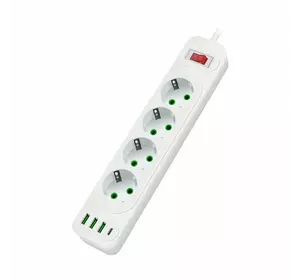 Мережевий фільтр F24U, 4 розетки EU+3 USB+PD, кнопка включення з індикатором, 2 м, 3х0,75мм, 2500W, White, Box