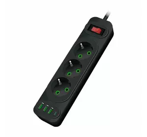 Мережевий фільтр F23U, 3 розетки EU +3 USB + PD, кнопка включення з індикатором, 2 м, 3х0,75мм, 2500W, Black, Box