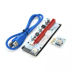 Riser PCI-EX, x1 => x16, 4-pin / 6-pin / Sata, USB 3.0 AM-AM 0,6 м (синій), конденсатори 270, White/Red, Пакет