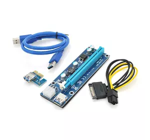 Riser PCI-EX, x1=>x16, 6-pin, SATA=>6Pin, USB 3.0 AM-AM 0,6 м (синій), конденсатори 270, Пакет