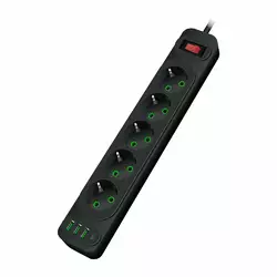 Мережевий фільтр F25U, 5 розеток EU+3 USB+PD, кнопка включення з індикатором, 2 м, 3х0,75мм, 2500W, Black, Box