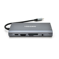 Хаб-конвертор VEGGIEG TC10-U Type-C (тато) на Type-C (мама) + USB3.0 * 3 (мама) + HDMI (мама) + VGA (мама) + SD / TF + RJ45, 10 см, Silver, Box