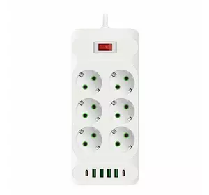 Мережевий фільтр F33U, 6 розеток EU + 4 USB + 2 PD, кнопка включення з індикатором, 2 м, 3х0,75 мм, 2500W, White, Box