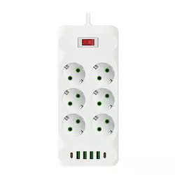 Мережевий фільтр F33U, 6 розеток EU + 4 USB + 2 PD, кнопка включення з індикатором, 2 м, 3х0,75 мм, 2500W, White, Box