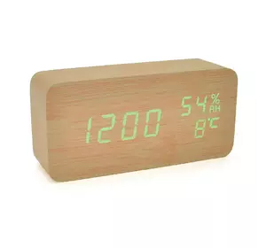 Електронний годинник VST-862S Wooden (Green), з датчиком температури та вологості, будильник, живлення від кабелю USB, Green Light