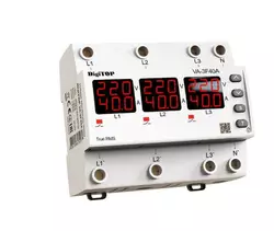 Реле напруги та струму дворежимне одно/трифазне VA-3F40A M6R на DIN-рейку, 3*40А, 3*8500Вт, 120-270В, шестимодульне з індикатором напруги Реле напруги та струму дворежимне одно/трифазне VA-3F40A M6R на DIN-рейку, 3*40А, 3*8500Вт, 120-270В, шестимодульне з індикатором напруги