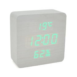 Електронний годинник VST-872S Wooden (White), з датчиком температури та вологості, будильник, живлення від кабелю USB, Green Light