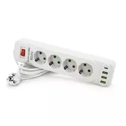 Мережевий фільтр F24U, 4 розетки EU+3 USB+PD, кнопка включення з індикатором, 2 м, 3х0,75мм, 2500W, White, Box Мережевий фільтр F24U, 4 розетки EU+3 USB+PD, кнопка включення з індикатором, 2 м, 3х0,75мм, 2500W, White, Box