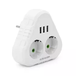 Розетка трійник із заземленням F202-White, 2 розетки+3USB(1А), 2500W, 10A, 110-250V~Max, Blister Розетка трійник із заземленням F202-White, 2 розетки+3USB(1А), 2500W, 10A, 110-250V~Max, Blister