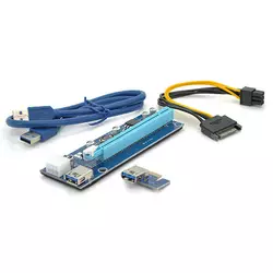 Riser PCI-EX, x1=>x16, 6-pin, SATA=>6Pin, USB 3.0 AM-AM 0,6 м (синій), конденсатори CS 220 16V, Пакет Riser PCI-EX, x1=>x16, 6-pin, SATA=>6Pin, USB 3.0 AM-AM 0,6 м (синій), конденсатори CS 220 16V, Пакет