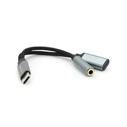 Перехідник VEGGIEG TC-208 Type-C(M) => Jack 3.5mm(F)+Type-C(F), 5см, Silver/Black, Пакет Перехідник VEGGIEG TC-208 Type-C(M) => Jack 3.5mm(F)+Type-C(F), 5см, Silver/Black, Пакет