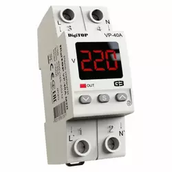 Захисне реле напруги однофазне VP-40A M2R/W з термозахистом на DIN-рейку, 40А, 8500Вт, 120-270В, двомодульне з індикатором напруги (червоний) Захисне реле напруги однофазне VP-40A M2R/W з термозахистом на DIN-рейку, 40А, 8500Вт, 120-270В, двомодульне з індикатором напруги (червоний)