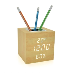 Електронний годинник VST-878S Wooden (Yellow), з датчиком температури та вологості, будильник, живлення від кабелю USB, White Light