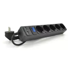 Мережевий подовжувач MERLION B518U, 220В 10А,  5 розеток + 2 порти USB 2.1A, 1,8 м, переріз 3х0,75мм, чорний Q50 Мережевий подовжувач MERLION B518U, 220В 10А,  5 розеток + 2 порти USB 2.1A, 1,8 м, переріз 3х0,75мм, чорний Q50