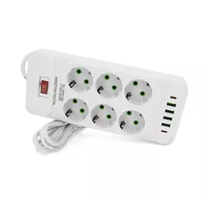 Мережевий фільтр F33U, 6 розеток EU + 4 USB + 2 PD, кнопка включення з індикатором, 2 м, 3х0,75 мм, 2500W, White, Box Мережевий фільтр F33U, 6 розеток EU + 4 USB + 2 PD, кнопка включення з індикатором, 2 м, 3х0,75 мм, 2500W, White, Box