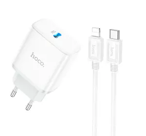 Набір СЗУ 110-240V HOCO C104A + кабель Lighting, 1xUSB-C, PD20W, кабель 1м, White, Box Набір СЗУ 110-240V HOCO C104A + кабель Lighting, 1xUSB-C, PD20W, кабель 1м, White, Box