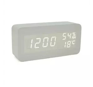 Електронний годинник VST-862S Wooden (White), з датчиком температури та вологості, будильник, живлення від кабелю USB, White Light