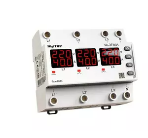 Реле напруги та струму дворежимне одно/трифазне VA-3F40A M6R на DIN-рейку, 3*40А, 3*8500Вт, 120-270В, шестимодульне з індикатором напруги Реле напруги та струму дворежимне одно/трифазне VA-3F40A M6R на DIN-рейку, 3*40А, 3*8500Вт, 120-270В, шестимодульне з індикатором напруги