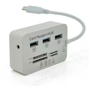Хаб Type-C алюмінієвий, 3 порти USB 3.0 + Card Reader, 20 см, White, Пакет