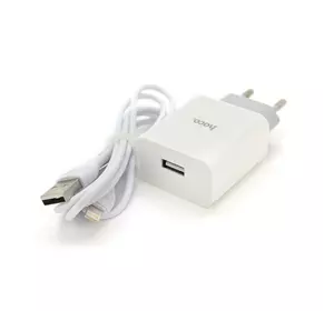 Набір СЗУ 110-240V HOCO C81A 1xUSB+ кабель Lighting, 2.1A, кабель 1м, White, Blister Набір СЗУ 110-240V HOCO C81A 1xUSB+ кабель Lighting, 2.1A, кабель 1м, White, Blister