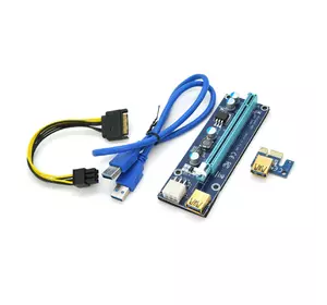 Riser PCI-EX, x1 => x16, 6-pin, SATA => 6Pin, USB 3.0 AM-AM 0,6 м (синій), конденсатори 270, Пакет