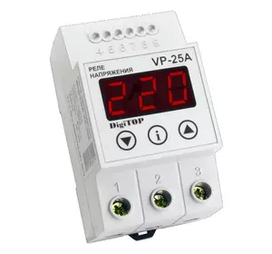 Захисне реле напруги однофазне VP-25A на DIN-рейку, 25А, 5500Вт, 120-270В, тримодульне з індикатором напруги (червоний) Захисне реле напруги однофазне VP-25A на DIN-рейку, 25А, 5500Вт, 120-270В, тримодульне з індикатором напруги (червоний)