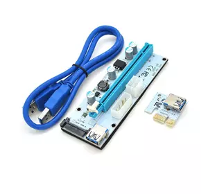 Riser PCI-EX, x1 => x16, 4-pin / 6-pin / Sata, USB 3.0 AM-AM 0,6 м (синій), конденсатори 270, White, Пакет
