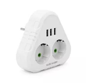 Розетка трійник із заземленням F202-White, 2 розетки+3USB(1А), 2500W, 10A, 110-250V~Max, Blister Розетка трійник із заземленням F202-White, 2 розетки+3USB(1А), 2500W, 10A, 110-250V~Max, Blister