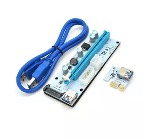 Riser PCI-EX, x1 => x16, 4-pin / 6-pin / Sata, USB 3.0 AM-AM 0,6 м (синій), конденсатори 270, White, Пакет Riser PCI-EX, x1 => x16, 4-pin / 6-pin / Sata, USB 3.0 AM-AM 0,6 м (синій), конденсатори 270, White, Пакет