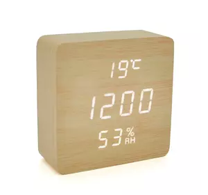 Електронний годинник VST-872S Wooden (Yellow), з датчиком температури та вологості, будильник, живлення від кабелю USB, White Light