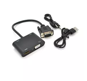 Конвертер VEGGIEG V2-H VGA (тато) на VGA (мама) + HDMI (мама), 25cm, Black, Пакет Конвертер VEGGIEG V2-H VGA (тато) на VGA (мама) + HDMI (мама), 25cm, Black, Пакет