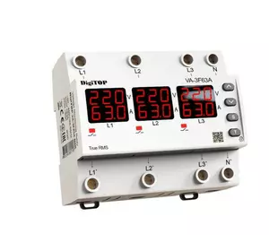 Реле напруги та струму дворежимне одно/трифазне VА-3F63А M6R на DIN-рейку, 3*63А, 3*13500Вт, 120-270В, шестимодульне з індикатором напруги (Червоний) Реле напруги та струму дворежимне одно/трифазне VА-3F63А M6R на DIN-рейку, 3*63А, 3*13500Вт, 120-270В, шестимодульне з індикатором напруги (Червоний)