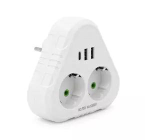Розетка трійник із заземленням F203-White, 2 розетки+2USB+1Type-C, 2500W, 10A, 110-250V~Max, Blister Розетка трійник із заземленням F203-White, 2 розетки+2USB+1Type-C, 2500W, 10A, 110-250V~Max, Blister