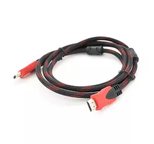 Кабель Merlion HDMI-HDMI 1,5m, v1.4, OD-7.4mm, 2 фільтра, обплетення, круглий Black / RED, коннектор RED / Black, (Пакет) Q200