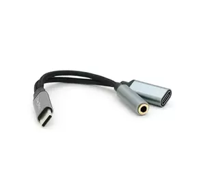 Перехідник VEGGIEG TC-208 Type-C(M) => Jack 3.5mm(F)+Type-C(F), 5см, Silver/Black, Пакет Перехідник VEGGIEG TC-208 Type-C(M) => Jack 3.5mm(F)+Type-C(F), 5см, Silver/Black, Пакет