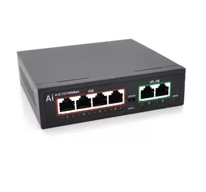 POE комутатор Merlion 4 POE 10/100 + 2 RJ45 10/100 вбудований блок живлення 52V 1.05A POE комутатор Merlion 4 POE 10/100 + 2 RJ45 10/100 вбудований блок живлення 52V 1.05A