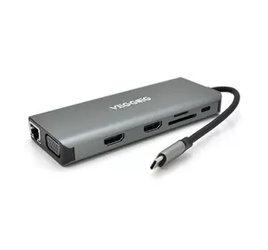 Хаб-конвертор VEGGIEG TC12 Type-C (тато) на Type-C (мама) + USB3.0*4(мама) + HDMI*2(мама) + VGA(мама) + SD/TF + RJ45, 10 см, Silver, Box Хаб-конвертор VEGGIEG TC12 Type-C (тато) на Type-C (мама) + USB3.0*4(мама) + HDMI*2(мама) + VGA(мама) + SD/TF + RJ45, 10 см, Silver, Box