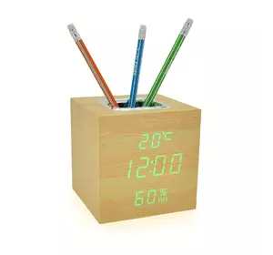 Електронний годинник VST-878S Wooden (Yellow), з датчиком температури та вологості, будильник, живлення від кабелю USB, Green Light