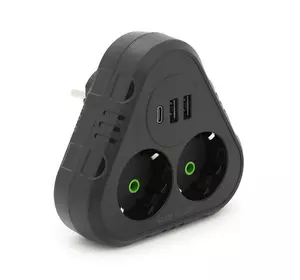 Розетка трійник із заземленням F203-Black, 2 розетки+2USB+1Type-C, 2500W, 10A, 110-250V~Max, Blister Розетка трійник із заземленням F203-Black, 2 розетки+2USB+1Type-C, 2500W, 10A, 110-250V~Max, Blister