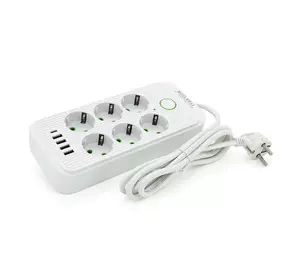 Сетевой фильтр F06U, 6 розеток EU + 4 USB + 1PD, кнопка включения с индикатором, 2 м, 3х0,75мм, 2500W, White, Box Сетевой фильтр F06U, 6 розеток EU + 4 USB + 1PD, кнопка включения с индикатором, 2 м, 3х0,75мм, 2500W, White, Box