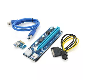 Riser PCI-EX, x1=>x16, 6-pin, SATA=>6Pin, USB 3.0 AM-AM 0,6 м (синій), конденсатори 270, Пакет Riser PCI-EX, x1=>x16, 6-pin, SATA=>6Pin, USB 3.0 AM-AM 0,6 м (синій), конденсатори 270, Пакет