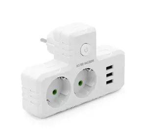 Розетка трійник Т-подібний із заземленням F302-White, 2 розетки+3USB(1А), 2500W, 10A, 110-250V~Max, Blister Розетка трійник Т-подібний із заземленням F302-White, 2 розетки+3USB(1А), 2500W, 10A, 110-250V~Max, Blister