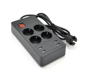 Мережевий фільтр на 4 розетки + 4 USB виходи 5V-2.4A, кнопка включення з індикатором, 16A, 250V/4000W, Black Мережевий фільтр на 4 розетки + 4 USB виходи 5V-2.4A, кнопка включення з індикатором, 16A, 250V/4000W, Black
