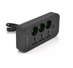 Мережевий фільтр F07U, 6 розеток (3 EU+3 Universal) + 4 USB + 1PD, кнопка включення з індикатором, 2 м, 3х0,75 мм, 2500W, Black, Box Мережевий фільтр F07U, 6 розеток (3 EU+3 Universal) + 4 USB + 1PD, кнопка включення з індикатором, 2 м, 3х0,75 мм, 2500W, Black, Box