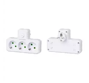 Розетка трійник Т-подібний із заземленням F301-White, 3 розетки, 2500W, 10A, 110-250V~Max, Blister Розетка трійник Т-подібний із заземленням F301-White, 3 розетки, 2500W, 10A, 110-250V~Max, Blister