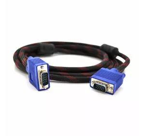 Кабель Merlion VGA 3 + 4, 3.0m, male to male (тато-тато), OD-8.2mm, 2 фериту, обплетення, круглий Black / Red, коннектор Blue, кульок