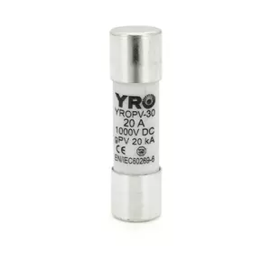Плавкий запобіжник YROPV-30, 20A, 1000Vdc, 10×38mm, постійна напруга, 10 штук в упаковці, ціна за 1 штуку Плавкий запобіжник YROPV-30, 20A, 1000Vdc, 10×38mm, постійна напруга, 10 штук в упаковці, ціна за 1 штуку